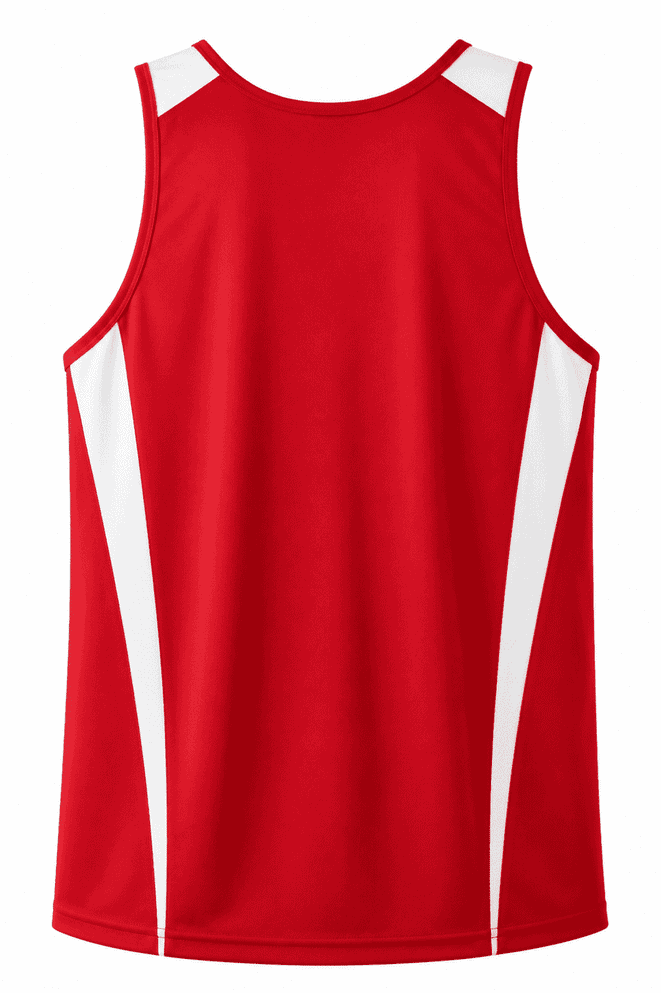 A red men's singlet with white detailing on the sides and a logo on the back.