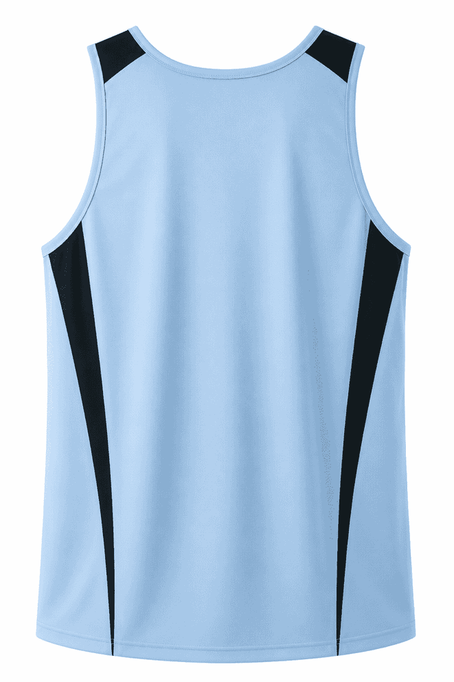 A light blue men's singlet featuring black side panels and a logo. Suitable for casual or athletic wear.