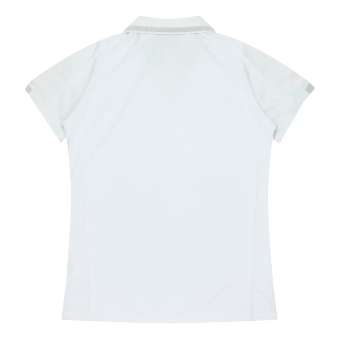 A white polo shirt featuring short sleeves and a simplistic design with a branding logo on the back.