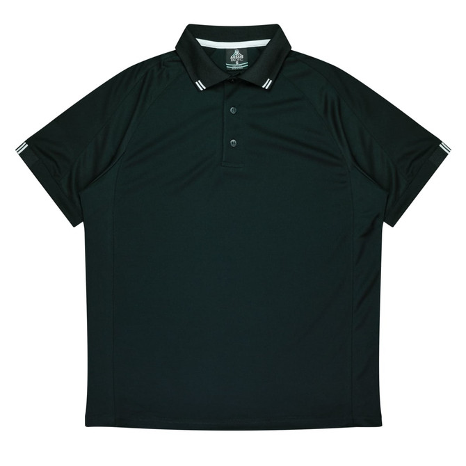 A dark green polo shirt featuring a classic collar and three buttons, with contrasting stripes on the sleeves.