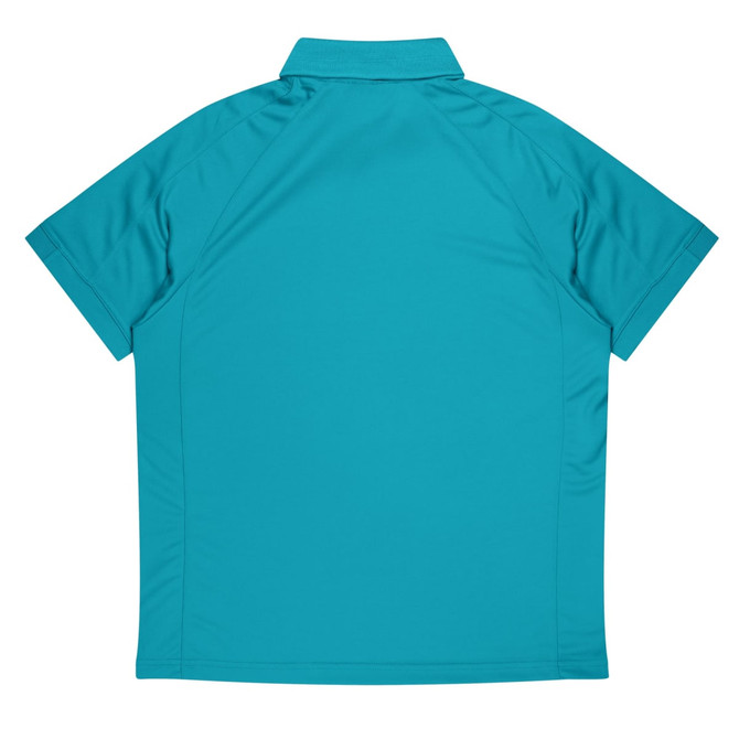 A teal polo shirt with a collar and short sleeves, featuring a plain design and a logo.