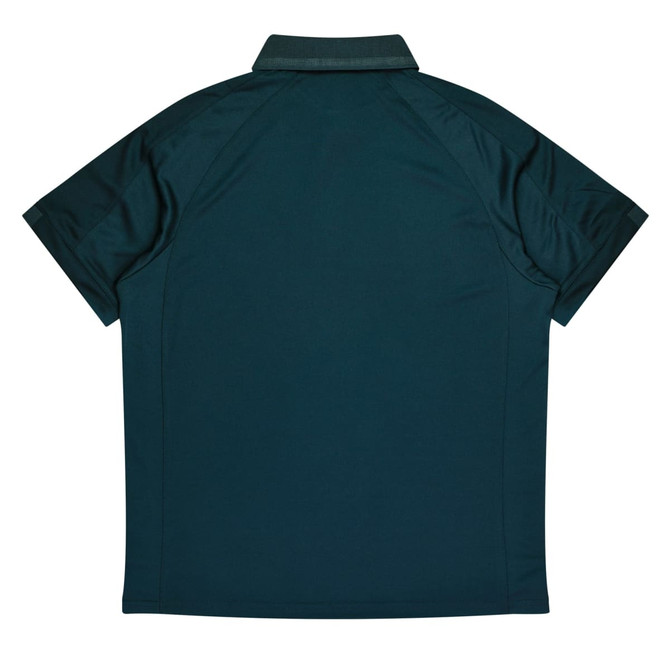 A dark green polo shirt featuring a collar and short sleeves, with a logo on the front.
