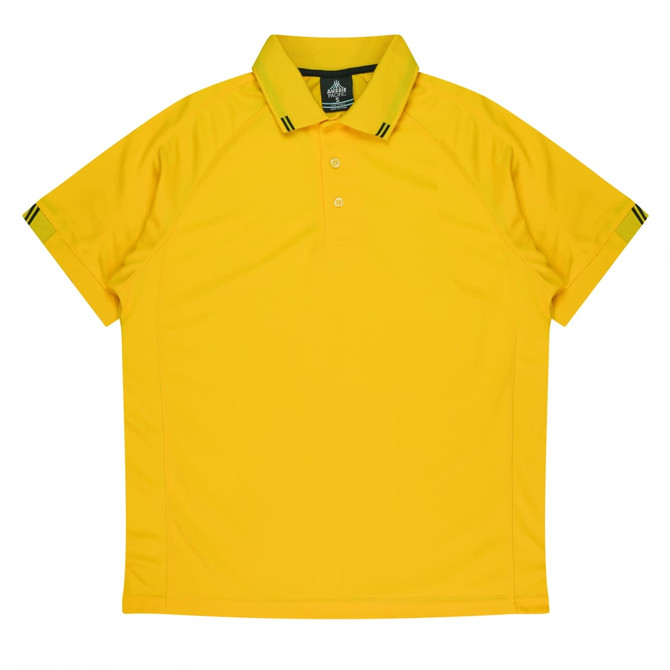 A yellow polo shirt featuring a contrasting collar and striped accents on the sleeves. It has a logo on the chest.