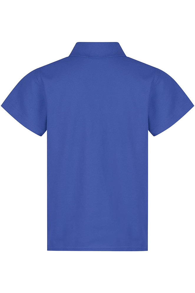A blue polo shirt with short sleeves, featuring a collar and a logo on the back.
