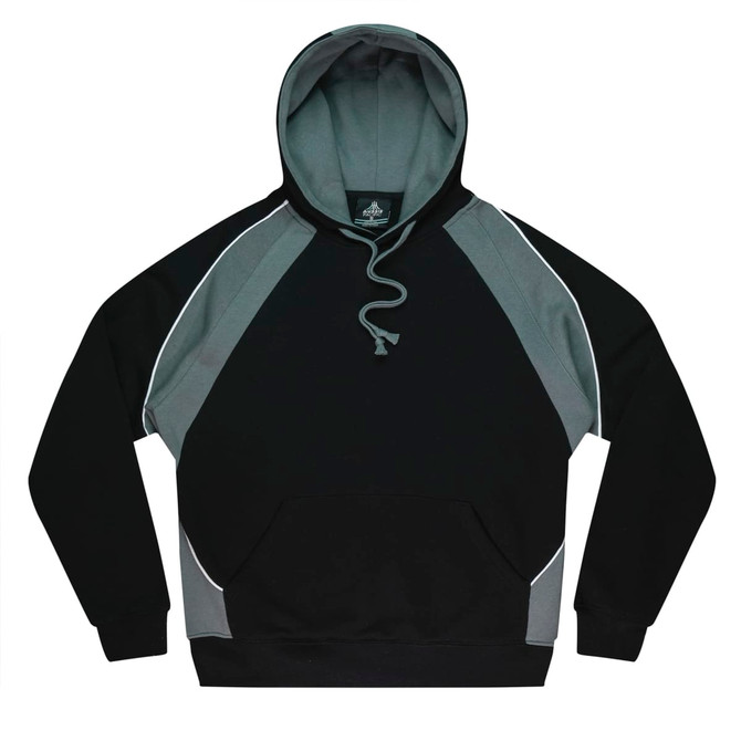 A black and grey hoodie with a front pocket and a drawstring hood, featuring a logo.
