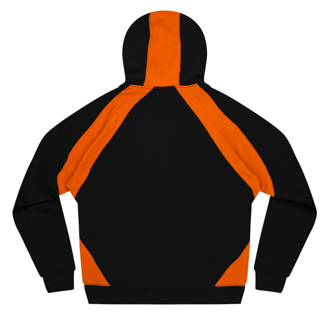 A black hoodie featuring orange accents on the sleeves and back. It has a classic hood design and a logo.