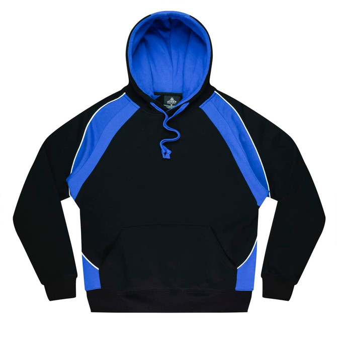 A black hoodie with blue accents and a blue inner hood. It features a logo and a drawstring at the neck.