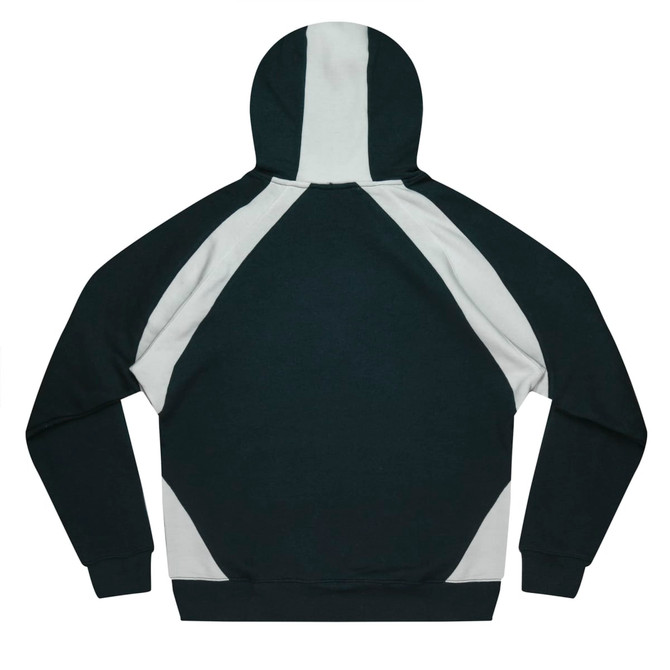 A dark green hoodie with grey contrast panels and a hood. It features a simple design with long sleeves.