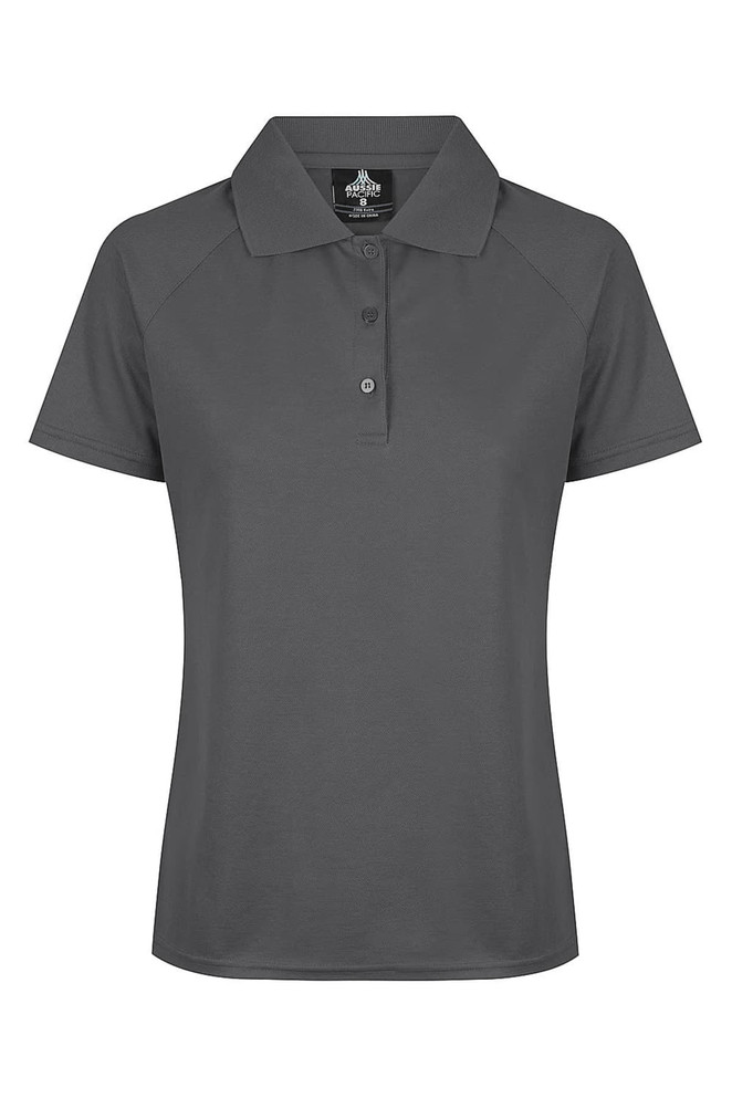 A charcoal grey polo shirt with a collar, buttons, and a logo on the chest.