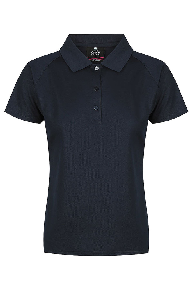 A navy polo shirt with a classic collar and three buttons, featuring a logo on the upper section.