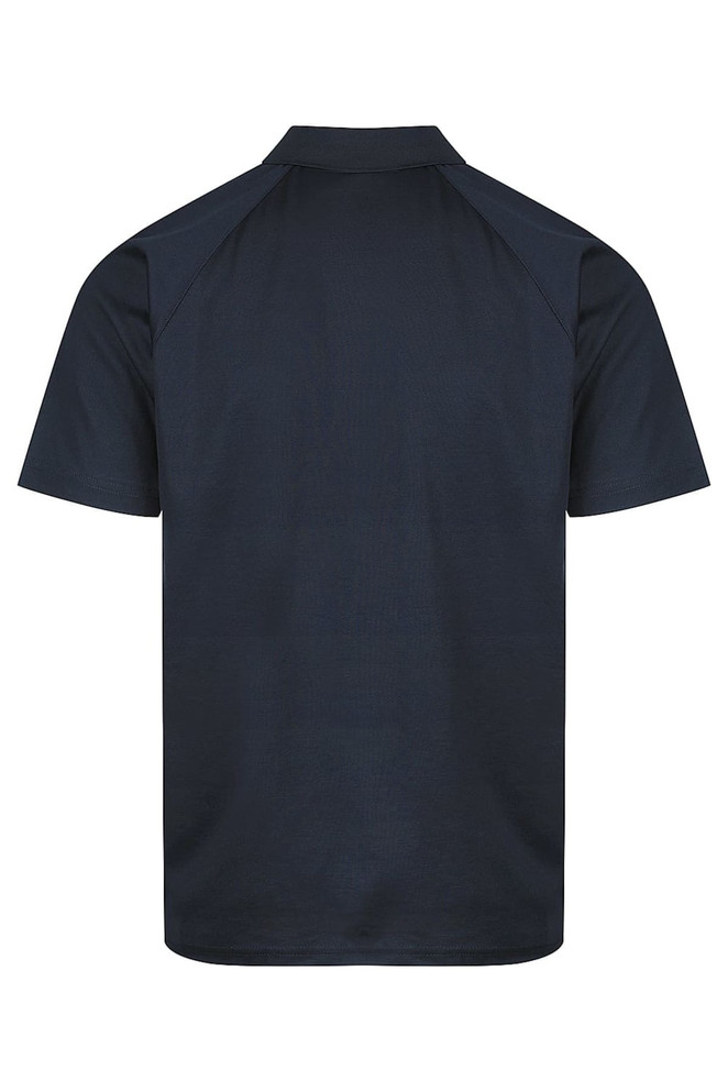 A navy polo shirt with a collar and short sleeves, featuring a logo on the front. The back is plain without design.