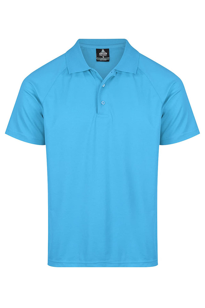 A turquoise polo shirt with a collar and three buttons, featuring a branding logo.