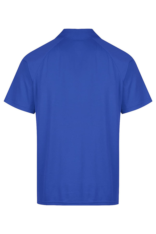A blue polo shirt with a collar and short sleeves, featuring a logo. The view is from the back.
