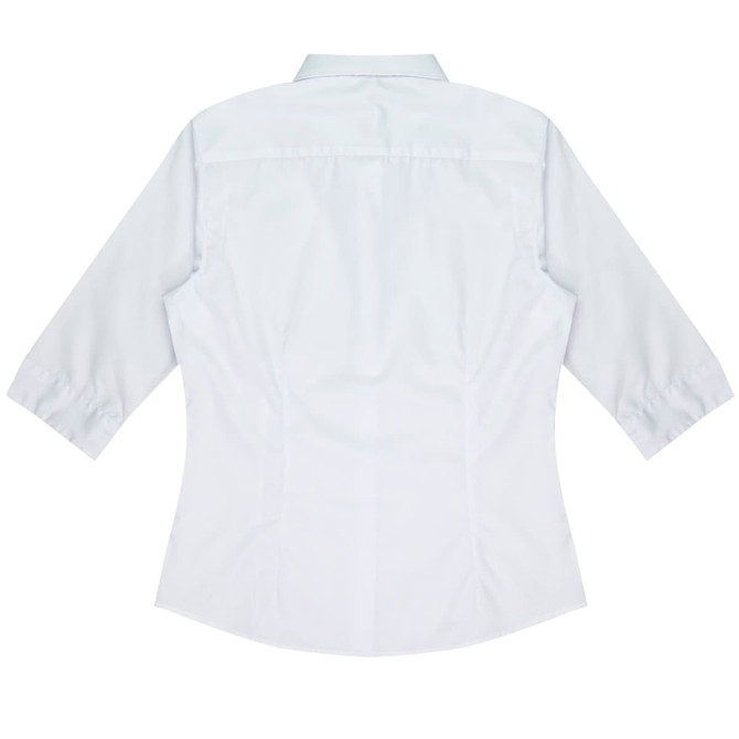 A white button-up shirt with 3/4 sleeves and a fitted design, featuring a logo on the back.