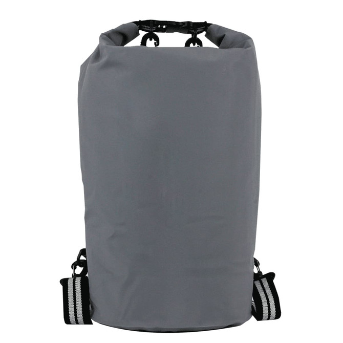 A grey waterproof cooler backpack with adjustable straps and a buckle closure. Features a logo on the front.