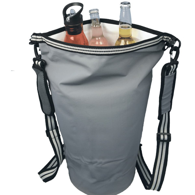 A grey waterproof cooler backpack containing three drink bottles, including two glass bottles and one plastic bottle.