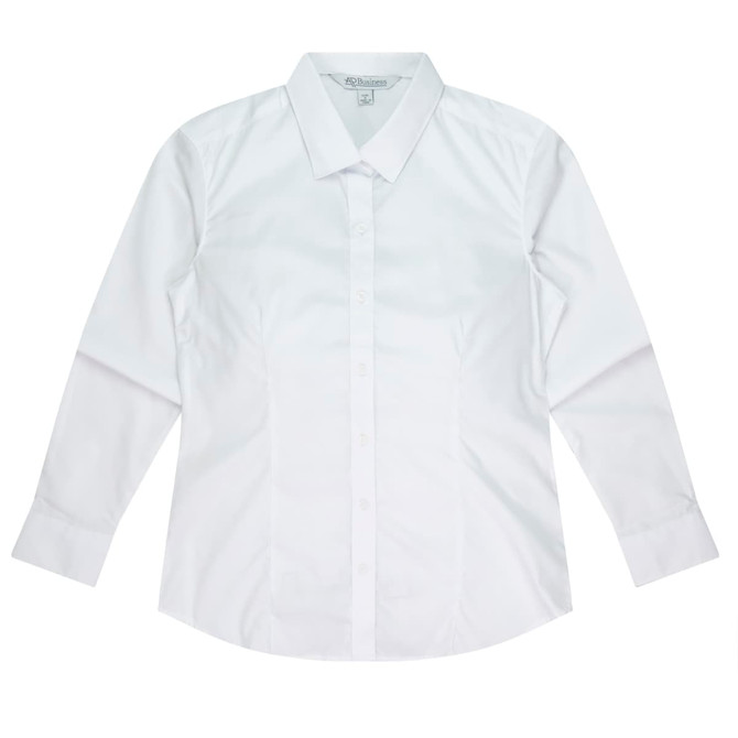 A long sleeve button-up shirt in white, featuring a collar and a branded logo.