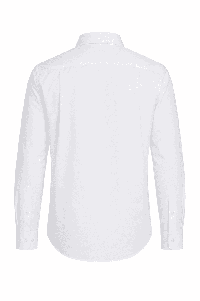 A long sleeve white button-up shirt with a collar and a back view. It features a logo on the fabric.