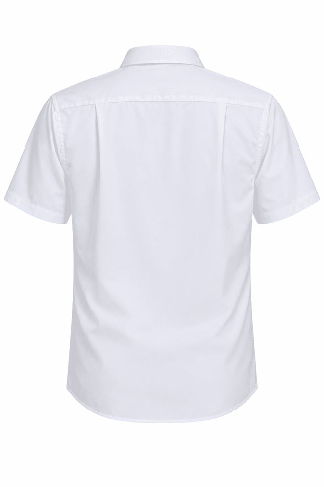 A short sleeve, white button-up shirt with a back yoke and a logo.