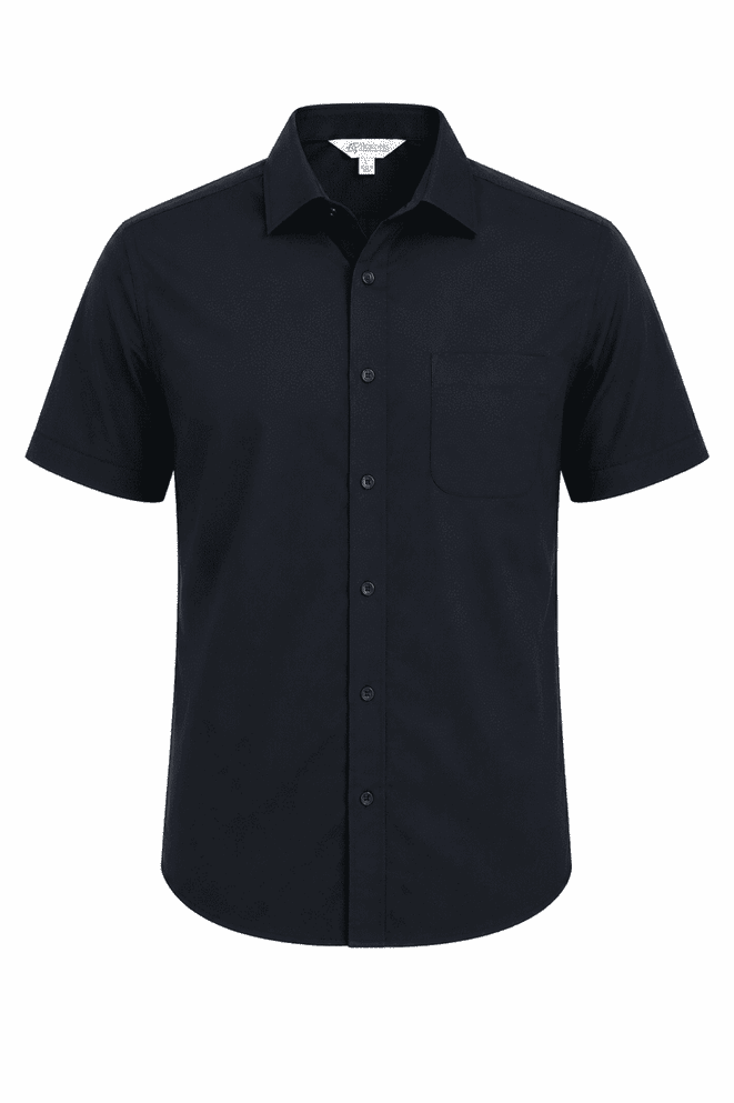A short-sleeve button-up shirt in navy blue with a chest pocket and branded label.