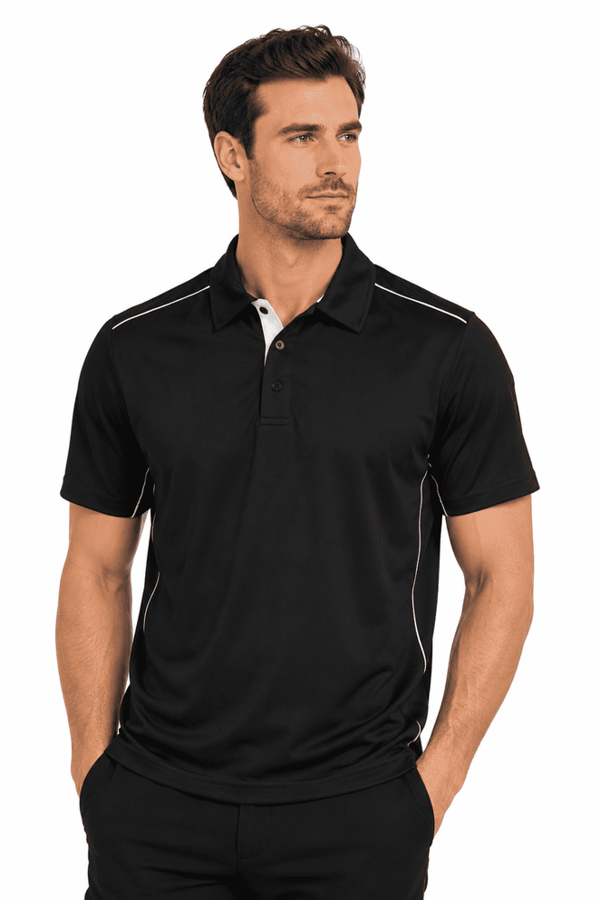 A black men's polo shirt featuring white detailing and a logo. Ideal for casual or active wear.