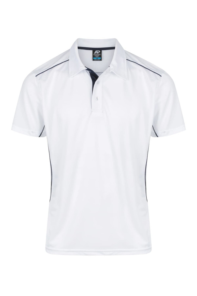 A white men's polo shirt with black accents and a collar, featuring a branding logo.