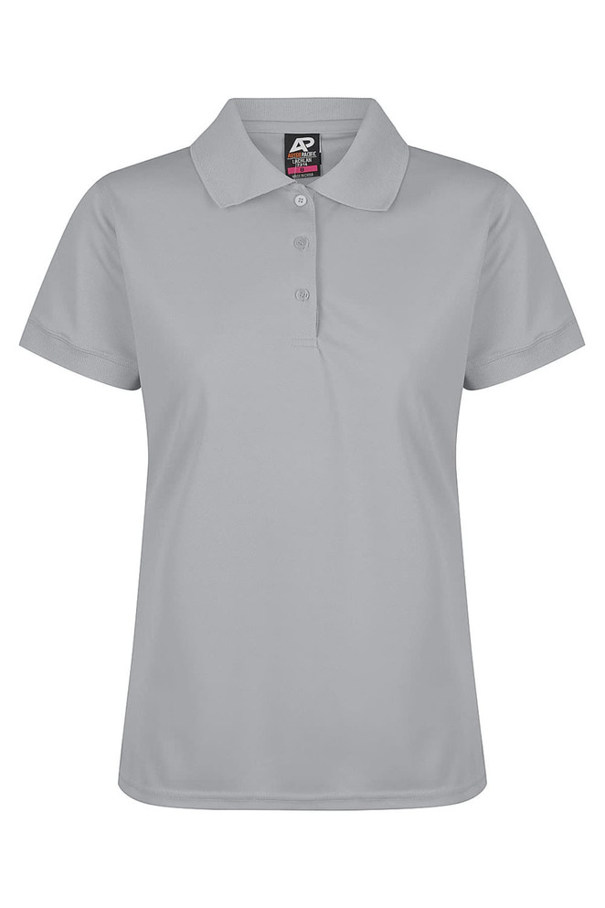 A light grey polo shirt with a collar and three buttons, featuring a branding logo.
