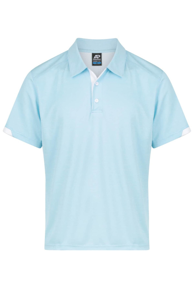 A light blue polo shirt with a collar and short sleeves, featuring white accents and a logo.