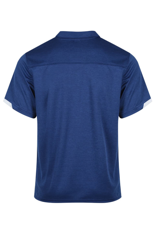 A navy polo shirt with short sleeves and a subtle contrast detail, featuring a logo on the back.