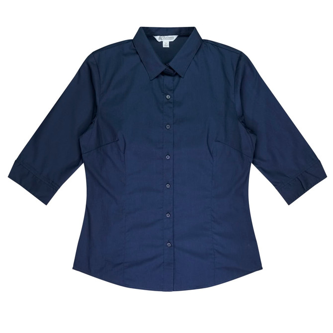 A button-up shirt in navy blue with 3/4 sleeves and a collar. The shirt has a logo on it.