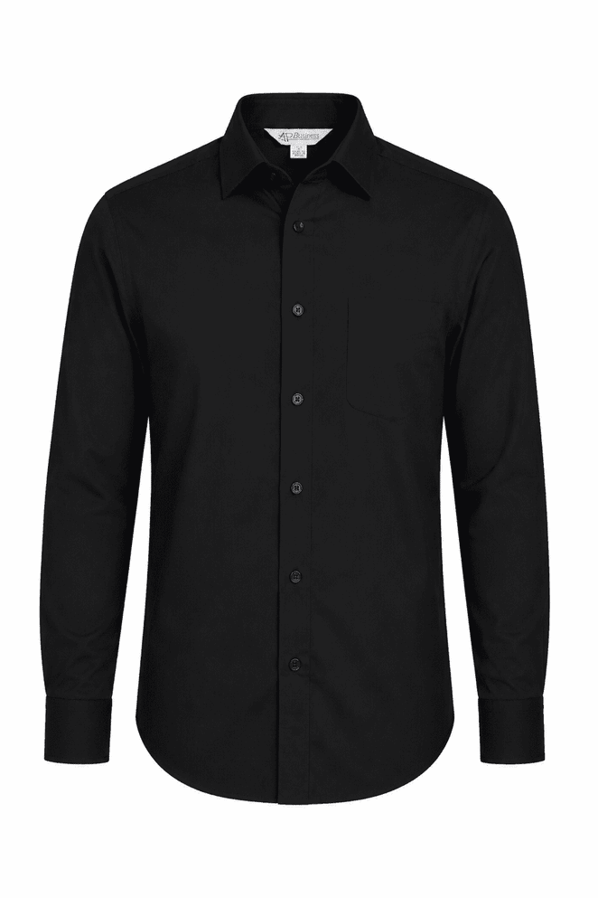 A long sleeve button-up shirt in black featuring a subtle logo.