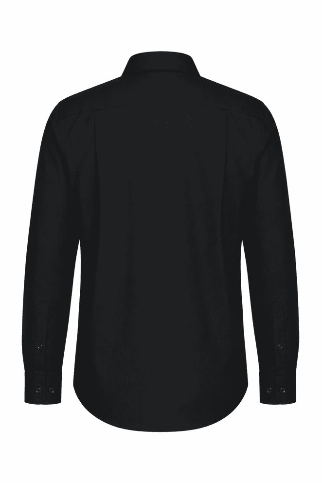 A black long sleeve button-up shirt with a standard collar and buttoned cuffs. It features a brand logo.
