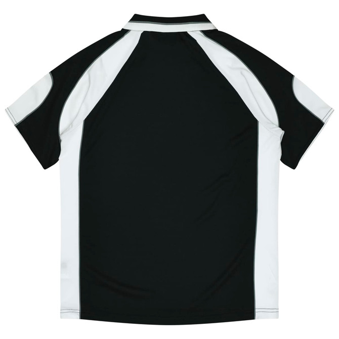 A black and white kids' polo shirt featuring a sporty design and a logo on the front.
