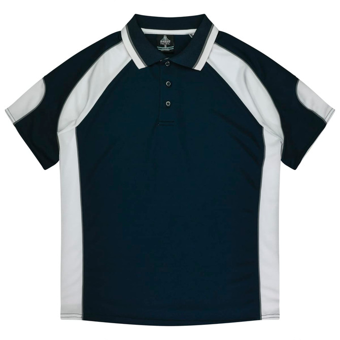 A navy and white polo shirt featuring a collar, short sleeves, and contrasting side panels. Includes a logo.