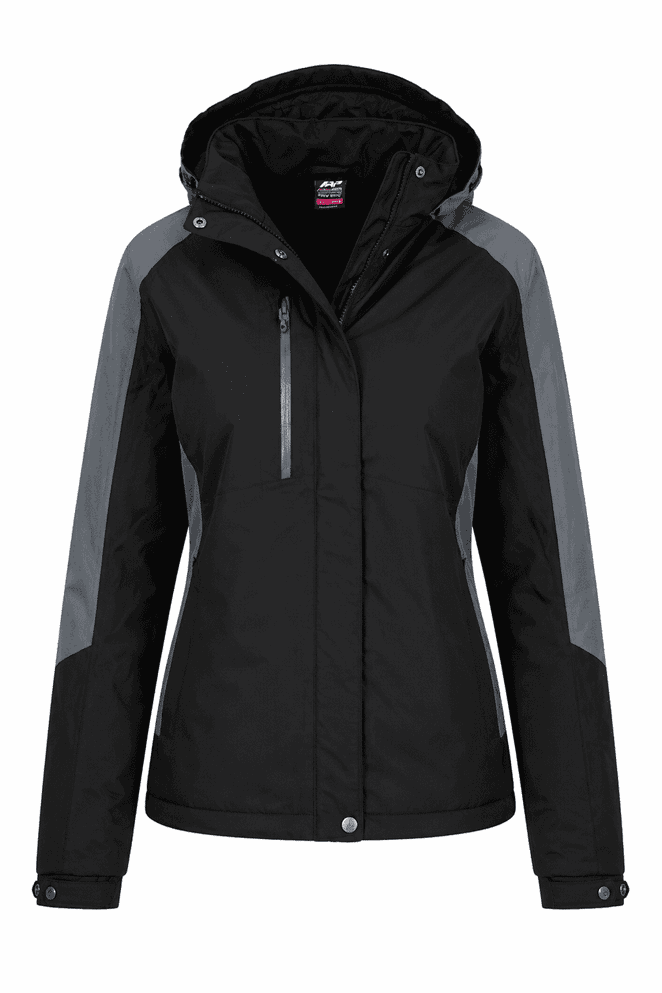 A black and grey jacket with a hood, featuring zip pockets and a logo. Suitable for various weather conditions.