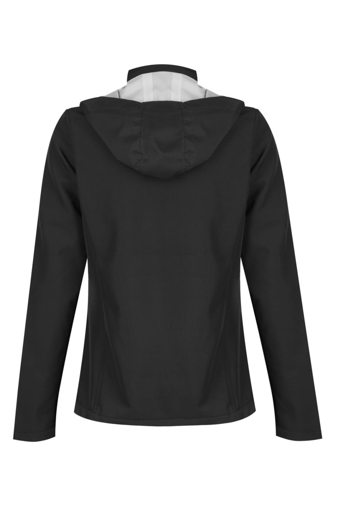 A black soft shell jacket with a hood, featuring a simple design and no visible branding.