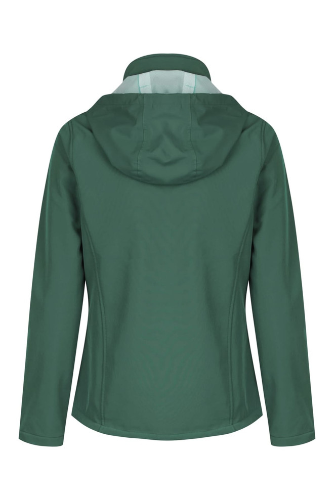 A green soft shell jacket with a hood, featuring a smooth finish and a fitted style. It has a logo on the back.