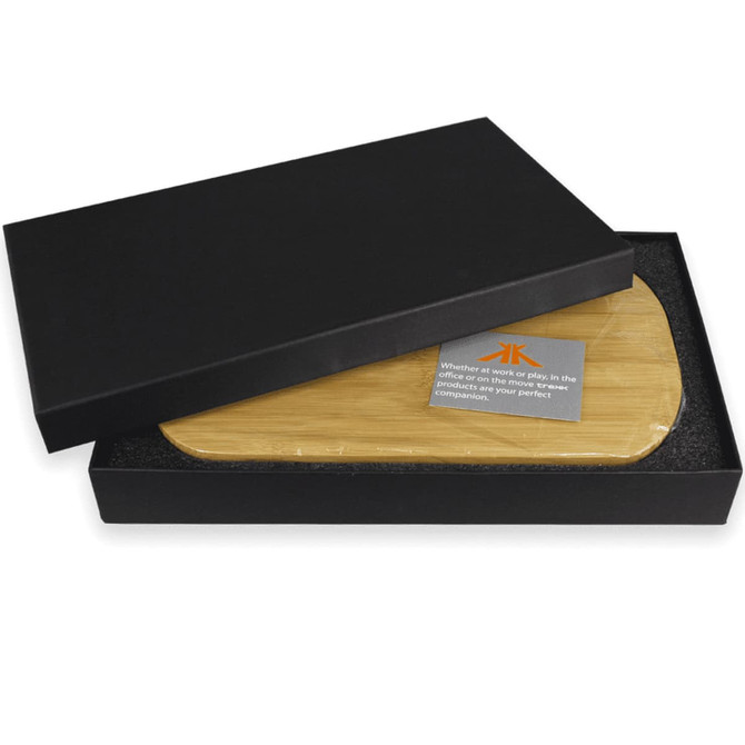 A bamboo cheeseboard enclosed in a black gift box, featuring a sleek design and a branded logo.