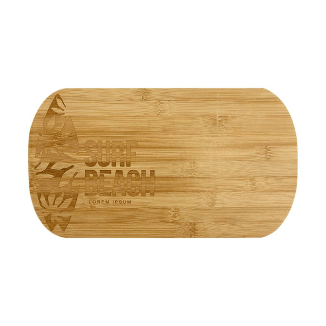 A bamboo cheese board with a logo, featuring a smooth, oval design. Natural wood colour enhances its rustic appeal.