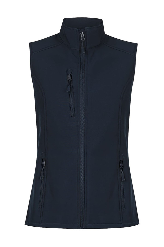A navy vest with a high collar and multiple zippered pockets, featuring a logo. Ideal for workwear.