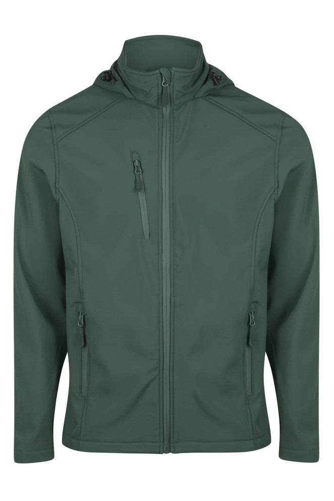A green jacket with a full zipper and multiple pockets, featuring a hood and a branded logo.