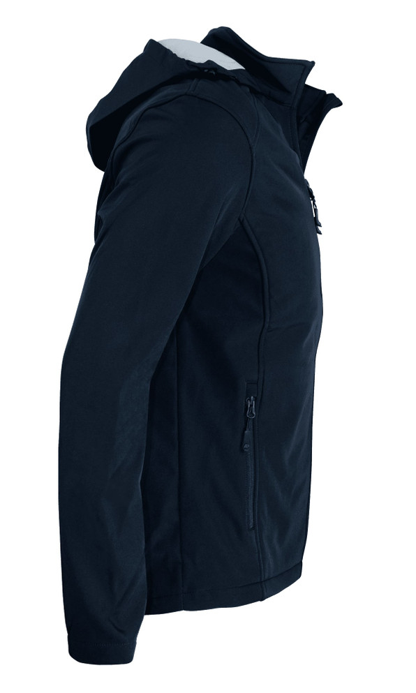 A navy soft shell jacket featuring a hood and zippered pockets, with a logo displayed.