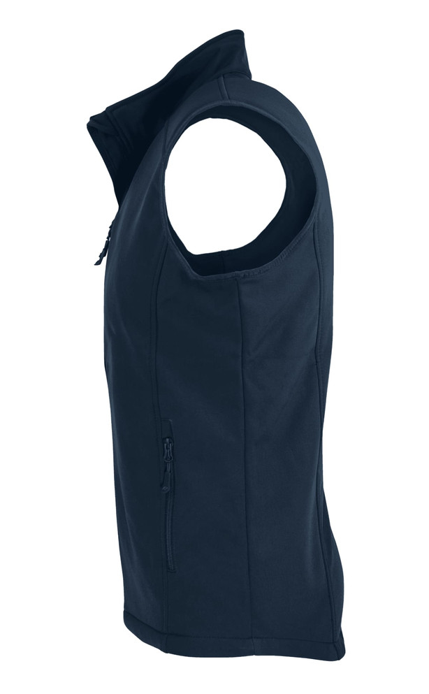 A navy blue men's vest with a side zipper pocket, featuring a sleek, sleeveless design and a logo.