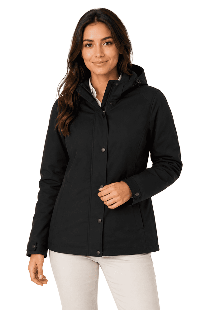 A black jacket with a hood, featuring a clean design and a woman wearing it. The jacket has a branding logo.