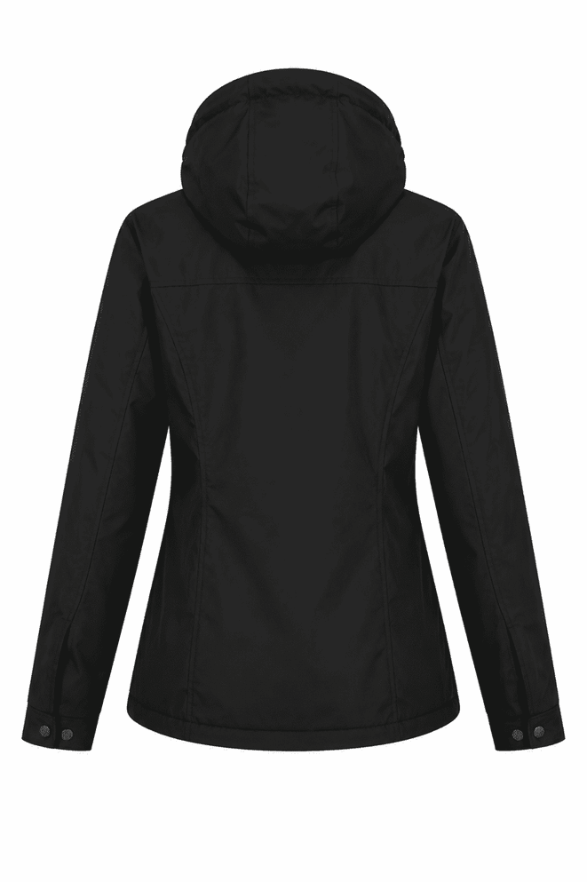 A black women's jacket featuring a hood and a patterned design on the back, with a logo present.