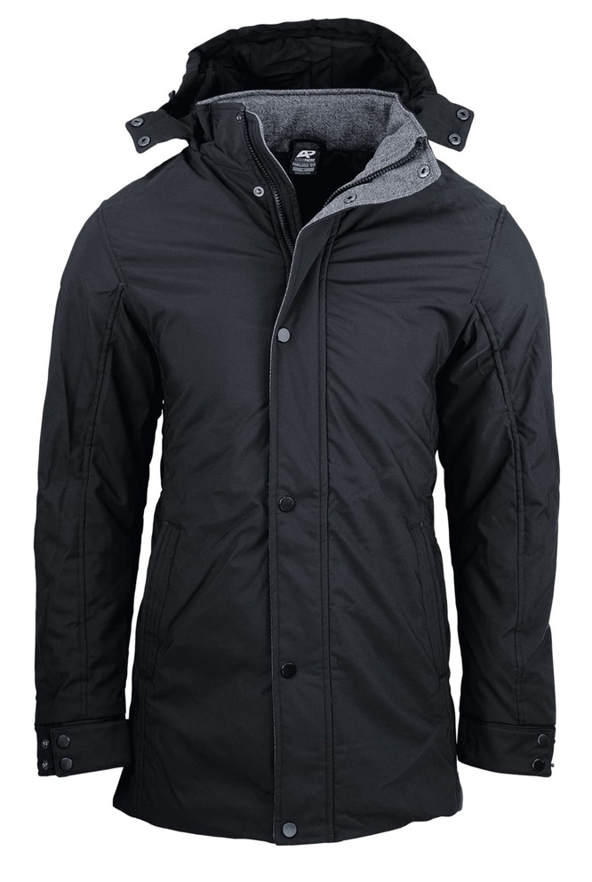 A black men's jacket with a hood and grey lining, featuring a button and zip closure. It has a logo on the fabric.