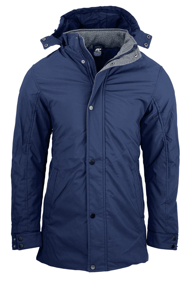 A navy men's jacket with a hood, featuring a grey-lined interior and front buttons, displaying a logo.