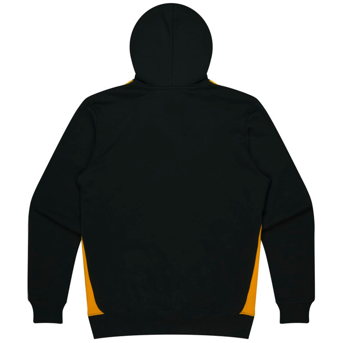 A black hoodie with yellow side panels and a hood. It features a logo on the design.
