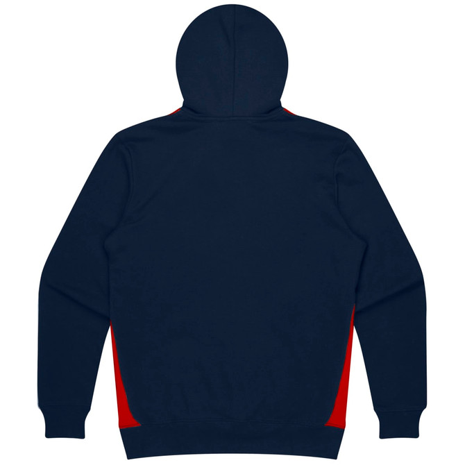 A navy hoodie featuring red side panels and a hood, with a logo on the back.