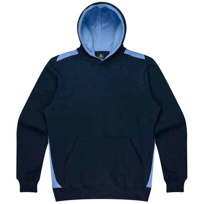 A navy blue hoodie featuring light blue accents and a front pocket, with a hood and a logo present.